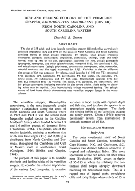 Diet and Feeding Ecology of the Vermilion Snapper, Rhomboplites Aurorubens (Cuvier) from North Carolina and South Carolina Waters