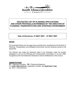 Delegated List of Planning Applications and Other Proposals Determined by the Director of Planning, Transportation and Strategic Environment