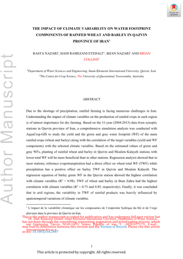 The Impact of Climate Variability on Water Footprint Components of Rainfed Wheat and Barley in Qazvin Province of Iran†