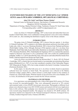 EXTENDED BOUNDARIES of the ANT MIMICKING SAC SPIDER GENUS Aetius O