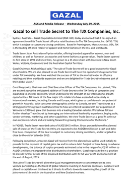 Gazal to Sell Trade Secret to the TJX Companies, Inc