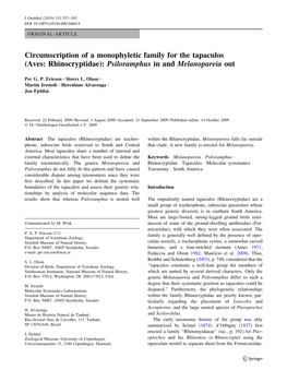 Circumscription of a Monophyletic Family for the Tapaculos (Aves: Rhinocryptidae): Psiloramphus in and Melanopareia Out