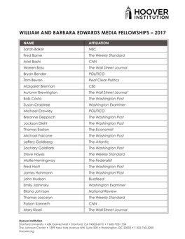 William and Barbara Edwards Media Fellowships – 2017