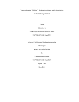 Redemption, Grace, and Existentialism in Walker Percy's Fiction Thesis Submitted to the Co