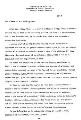 Notre Dame Press Releases, 1957/02