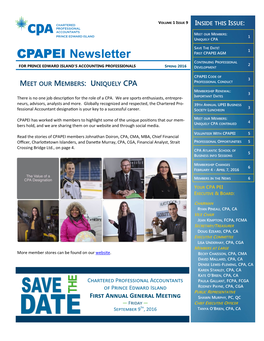 CPAPEI Newsletter FIRST CPAPEI AGM CONTINUING PROFESSIONAL 2 for PRINCE EDWARD ISLAND’S ACCOUNTING PROFESSIONALS SPRING 2016 DEVELOPMENT