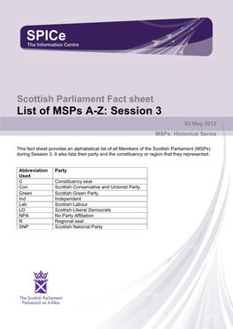 Fact Sheet List of Msps A-Z: Session 3 03 May 2012 Msps: Historical Series
