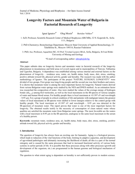 Longevity Factors and Mountain Water of Bulgaria in Factorial Research of Longevity