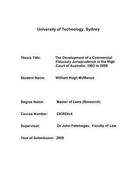 The Development of a Commercial Fiduciary Jurisprudence in the High Court of Australia: 1903 to 2009