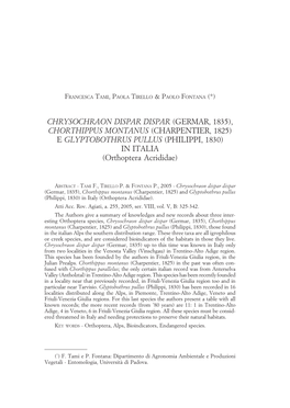 CHRYSOCHRAON DISPAR DISPAR (GERMAR, 1835), CHORTHIPPUS MONTANUS (CHARPENTIER, 1825) E GLYPTOBOTHRUS PULLUS (PHILIPPI, 1830) in ITALIA (Orthoptera Acrididae)