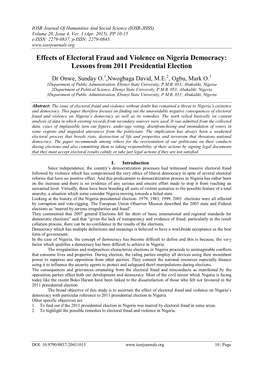 Effects of Electoral Fraud and Violence on Nigeria Democracy: Lessons from 2011 Presidential Election