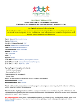 2018 Grant Application Pitkin County Health and Human Services (Hhs) City of Aspen Hhs Only and Pitkin County Community Non-Profits (Cnp)