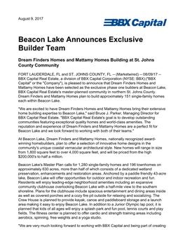 Beacon Lake Announces Exclusive Builder Team