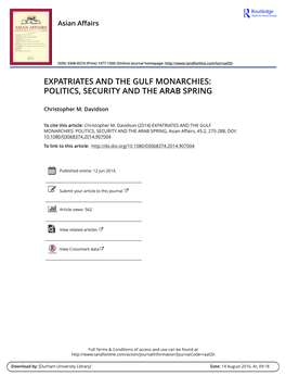 Expatriates and the Gulf Monarchies: Politics, Security and the Arab Spring