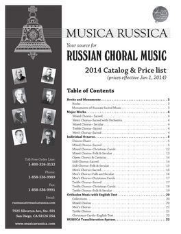 RUSSIAN CHORAL MUSIC 2014 Catalog & Price List (Prices Effective Jan 1, 2014)