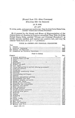 AN ACT to Revise, Codify, and Enact Into Positive Law, Title 18 of the United States Code, Entitled "Crimes and Criminal Procedure"