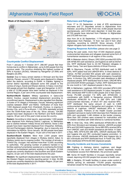 Afghanistan Weekly Field Report