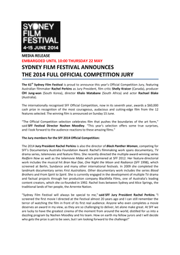 Sydney Film Festival Announces the 2014 Full Official Competition Jury 22/05/2014