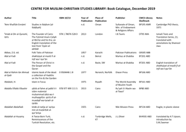 CENTRE for MUSLIM-CHRISTIAN STUDIES LIBRARY: Book Catalogue, December 2019