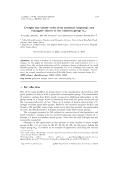 Designs and Binary Codes from Maximal Subgroups and Conjugacy Classes of the Mathieu Group M11 1. Introduction