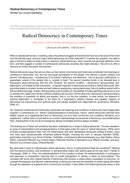 Radical Democracy in Contemporary Times Written by Lincoln Dahlberg