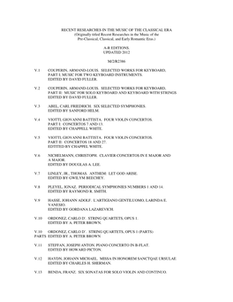 RECENT RESEARCHES in the MUSIC of the CLASSICAL ERA (Originally Titled Recent Researches in the Music of the Pre-Classical, Classical, and Early Romantic Eras.)