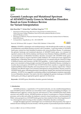 Genomic Landscape and Mutational Spectrum of ADAMTS Family Genes in Mendelian Disorders Based on Gene Evidence Review for Variant Interpretation