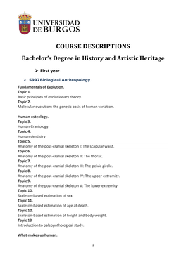 Course Descriptions. History and Artistic Heritage