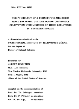 Diss. ETH No. 11905 the PHYSIOLOGY of a DEFINED