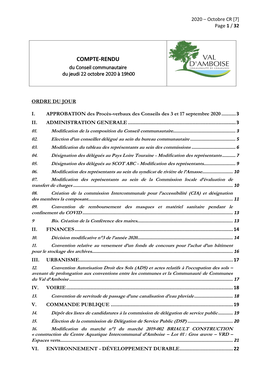 COMPTE-RENDU Du Conseil Communautaire Du Jeudi 22 Octobre 2020 À 19H00