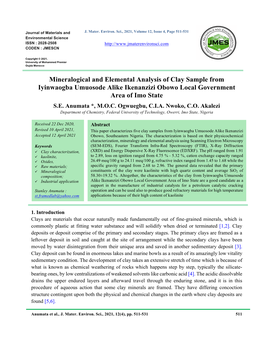 Mineralogical and Elemental Analysis of Clay Sample from Iyinwaogba Umuosode Alike Ikenanzizi Obowo Local Government Area of Imo State