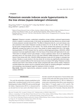 Potassium Oxonate Induces Acute Hyperuricemia in the Tree Shrew (Tupaia Belangeri Chinensis)