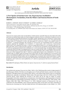 A New Species of Seed-Harvester Ant, Pogonomyrmex Hoelldobleri (Hymenoptera: Formicidae), from the Mohave and Sonoran Deserts of North America