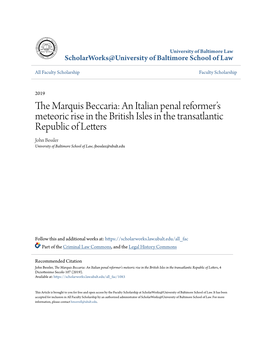 The Marquis Beccaria: an Italian Penal Reformer’S Meteoric Rise in the British Isles in the Transatlantic Republic of Letters, 4 Diciottesimo Secolo 107 (2019)