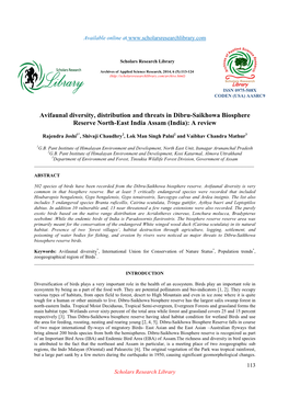 Avifaunal Diversity, Distribution and Threats in Dibru-Saikhowa Biosphere Reserve North-East India Assam (India): a Review