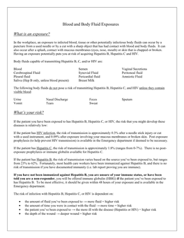 Blood and Body Fluid Exposures What Is an Exposure? What's Your Risk?