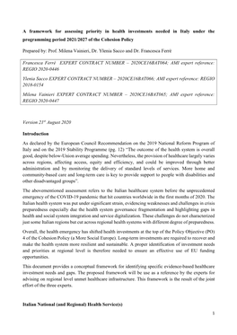 A Framework for Assessing Priority in Health Investments Needed in Italy Under the Programming Period 2021/2027 of the Cohesion Policy