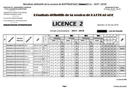 Résultats Définitifs De La Session De RATTRAPAGE/ Licence 2 S.A. - 2017 -2018