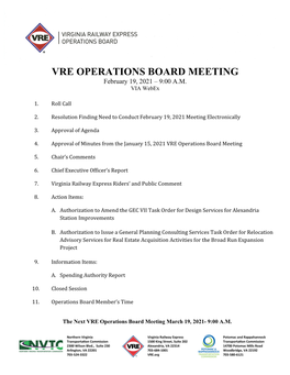 VRE OPERATIONS BOARD MEETING February 19, 2021 – 9:00 A.M
