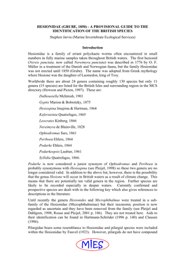 HESIONIDAE (GRUBE, 1850) - a PROVISIONAL GUIDE to the IDENTIFICATION of the BRITISH SPECIES Stephen Jarvis (Marine Invertebrate Ecological Services)