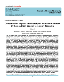 Conservation of Plant Biodiversity of Namatimbili Forest in the Southern Coastal Forests of Tanzania