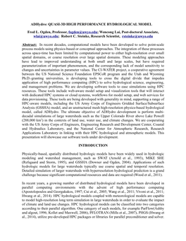 Adhydro: QUASI-3D HIGH PERFORMANCE HYDROLOGICAL MODEL Fred L. Ogden, Professor, Fogden@Uwyo.Edu; Wencong Lai, Post-Doctoral Asso