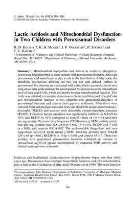 Lactic Acidosis and Mitochondrial Dysfunction in Two Children with Peroxisomal Disorders