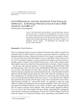 CZECH PHONOLOGY and the AXIOMATIC FUNCTIONALIST APPROACH – À PROPOS of PHONOTACTICS of CZECH, PHD THESIS by ALEŠ BIČAN[*] Paul Rastall (United Kingdom)