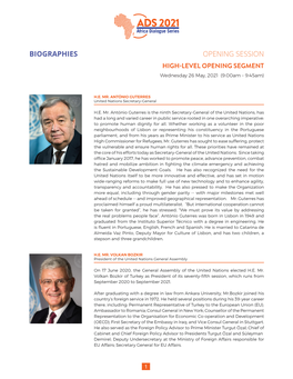 BIOGRAPHIES OPENING SESSION HIGH-LEVEL OPENING SEGMENT Wednesday 26 May, 2021 (9:00Am – 9:45Am)