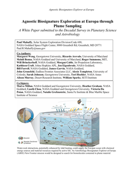 Agnostic Biosignature Exploration at Europa Through Plume Sampling a White Paper Submitted to the Decadal Survey in Planetary Science and Astrobiology