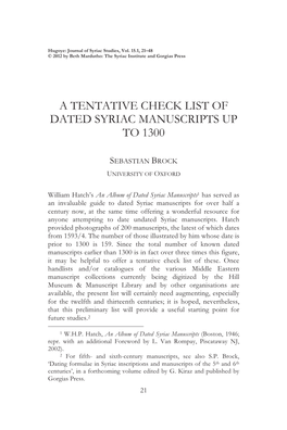 A Tentative Check List of Dated Syriac Manuscripts up to 1300