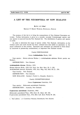 A List of the Neuroptera of New Zealand