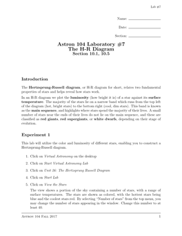 Astron 104 Laboratory #7 the H-R Diagram Section 10.1, 10.5