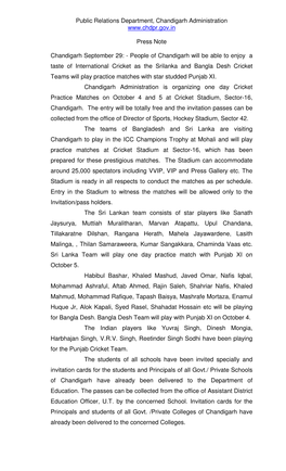 Public Relations Department, Chandigarh Administration Press Note Chandigarh September